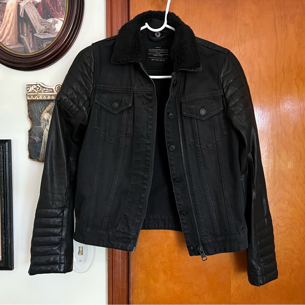 allsaints black denim jacket with leather sleeves and removable shearling collar